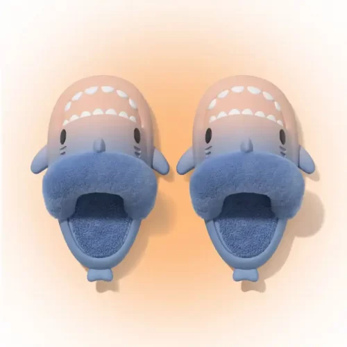 Pantofole di peluche a forma di squalo, colore rosa e blu