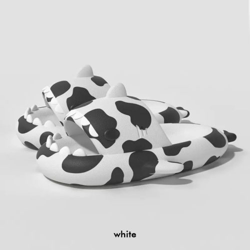 White Adults Cow Print Shark Slides